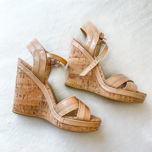 NEW Stuart Weitzman Minky Patent Leather Cork Wedge Sandals, Size 7M
